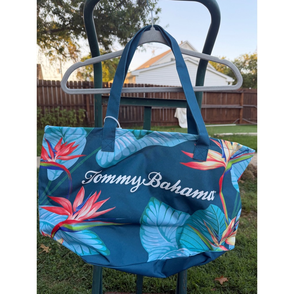 Tommy Bahama Tropical Bird of Paradise Teal Blue Floral Beach Tote Bag Large